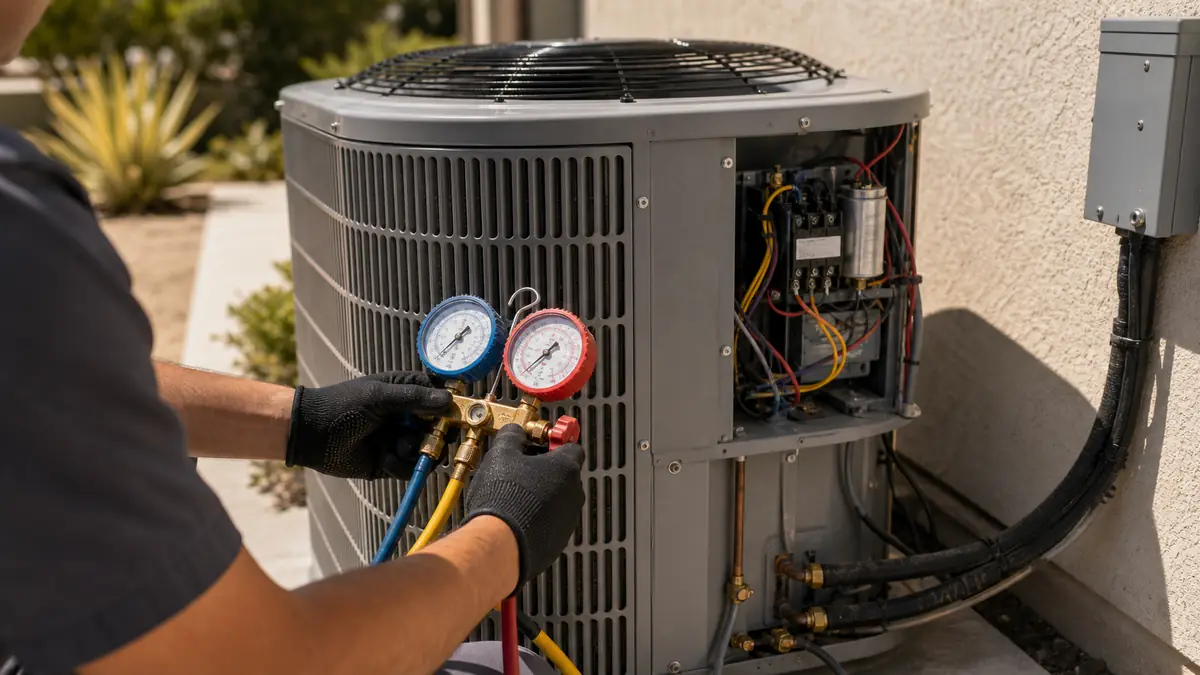 Technician metering a capacitor on a short-cycling Trane AC in Santa Clarita, CA